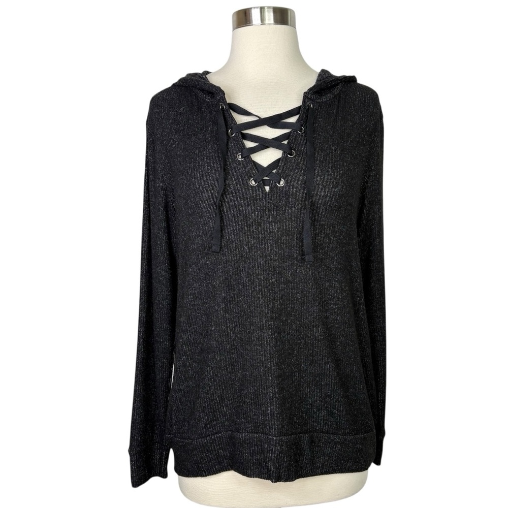 Market & Spruce Allison Lace Up Ribbed Brushed Knit Hoodie Sweatshirt, Small